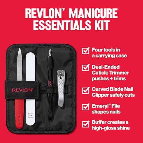 Revlon Manicure Essentials Kit with Travel Case, Nail Care Set with Dual Ended Cuticle Trimmer, Curved Blade Clippers, Compact Emeryl File & Buffer (Pack of 1)