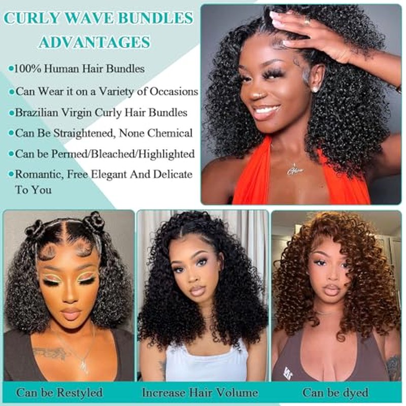 Liang Dian Curly Bundles Human Hair 12 12 14 14 Inch Kinkycurly Bundles Human Hair for Black Women 100% Unprocessed 12A Brazilian Virgin Hair Quick Weave Extensions Natural Black