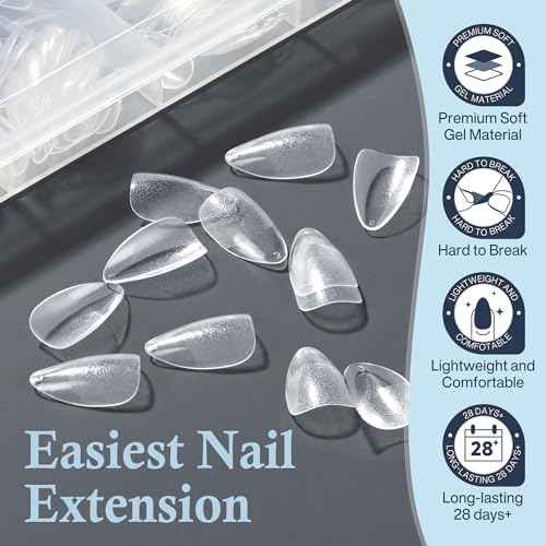 Short Almond Nail Tips, 240pcs Soft Nail Gel Tips Pre-Shaped Acrylic Fake Nails, Half Matte Full Cover Clear Gelly Press on Flase Nail Tips for Extension Nail Manicure Home DIY 12 Sizes Gelly Tips