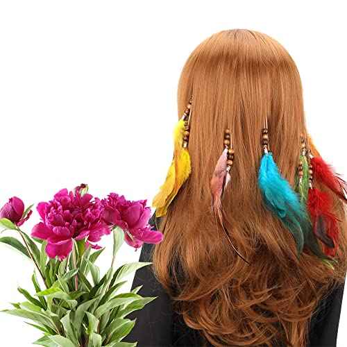 Boho Feather Hair Clips Hippie Hair Extensions 6 Pcs Indian Tribal Bead Gypsy Colorful Handmade Feather Tassel Headpiece Festival Cosplay DIY Present for Girl Women Hair Accessories