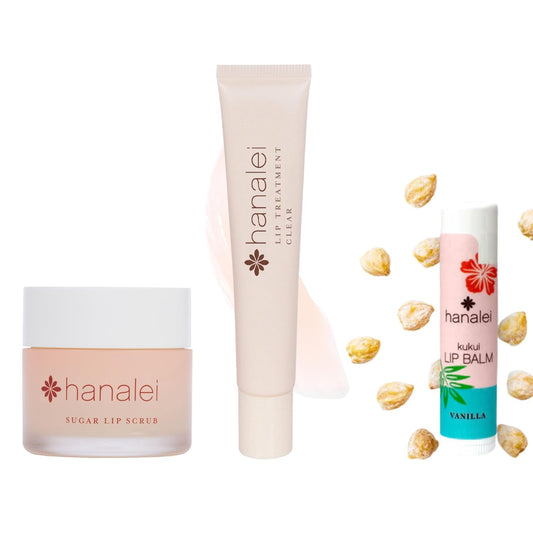 Hanalei Ultimate Lip Care Products Set – Sugar Lip Scrub, Kukui Oil Lip Treatment & Vanilla Lip Balm – Exfoliate, Hydrate & Heal Cracks – Moisturizing, Nourishing Rescue Kit – Skincare Gift