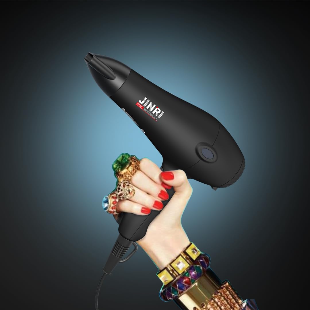 JINRI Hair Dryer, 1875W, 3 Heat & 2 Speed, with Diffuser, with Concentrator, Detachable Air Intake, Ionic Technology & Infrared - Black, Hanging Strap, Non-Foldable JR-108