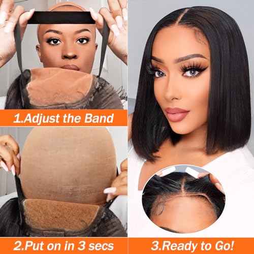 AISI Bob Wig Human Hair Glueless Wigs Human Hair Pre Plucked Pre Cut 4x4 HD Lace Front Put On and Go Glueless Wigs Human Hair 180% Density Short Straight Bob Wigs for Black Women 8 inch