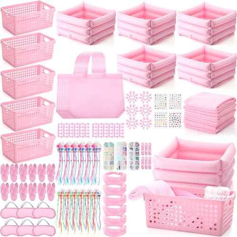 85 Pcs Spa Kit for Girls Nail Art Kit Sleepover Party Supplies with 12.5 x 12.5 in Inflatable Foot Tubs Foot Bath Towel and Basket DIY Manicure Pedicure Set for Slumber Party (Pink)