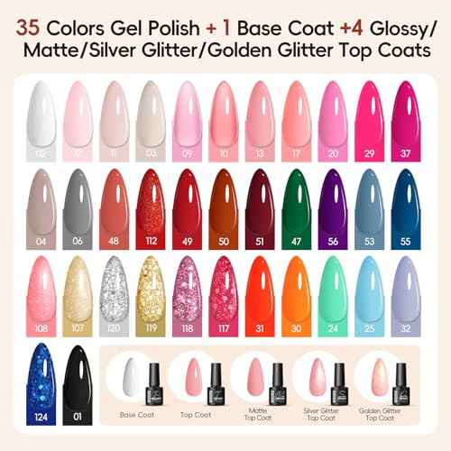 Peacecolor Gel Nail Polish Kit with U V Light and Drill£¬59PCs Gel Nail Kit 35 Colors with 5PC Matte/Glossy/Glitter Top Base Coat Nail Art Rhinestone Manicure starter Kit Soak Off Gifts for Girls