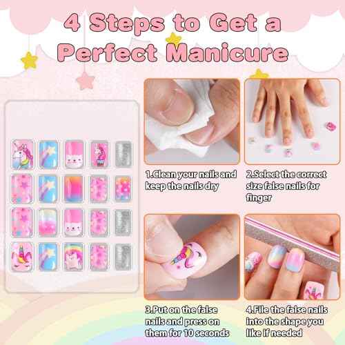 SIUSIO 6 Pack Press on Nails kids Children Acrylic Fake Nails Cute Pre-glue Full Cover Gradient Color Rainbow Short Stick On False Nail Art Kits Set for Kids Little Girls - Rainbow Dream