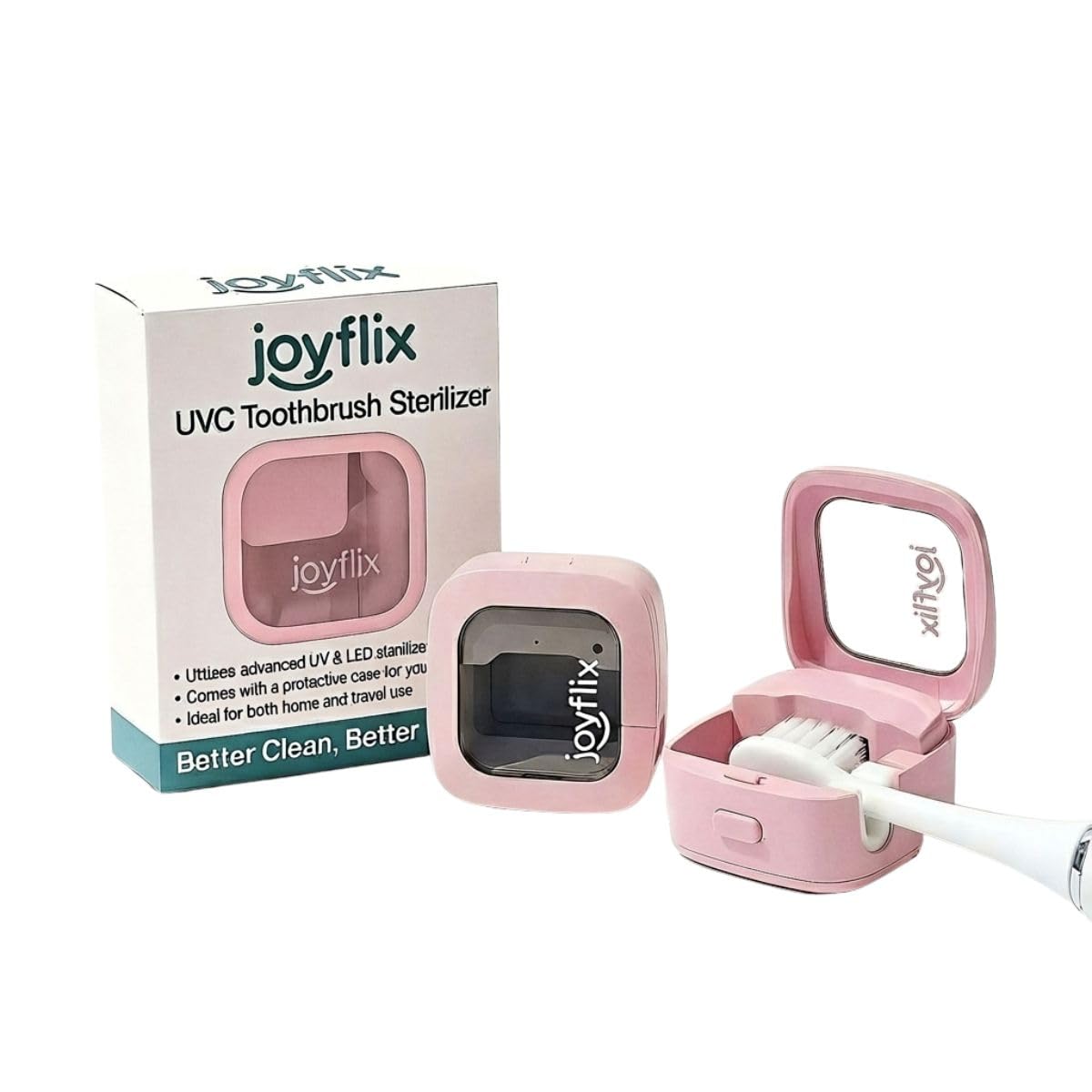 joyflix UV-C Toothbrush Sanitizer | Portable & Rechargeable | 99.9% Sanitization with Heating Function | Magnetic Mount, Travel-Friendly & Compact Design (Blush Pink)