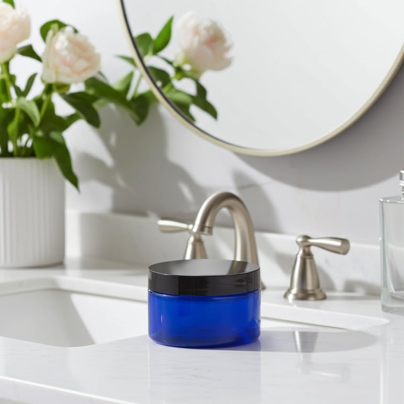 (12 pack) 6 oz Cobalt Blue PET Plastic Jar with Black Smooth Lid Storage Containers