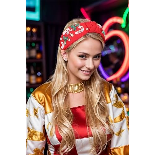 Christmas Jeweled Headbands for Women Girls Festive Christmas Hair Accessories Beaded Candy Cane Xmas Knotted Headband Embellished Wide Top Knot Hairband Holiday Gifts