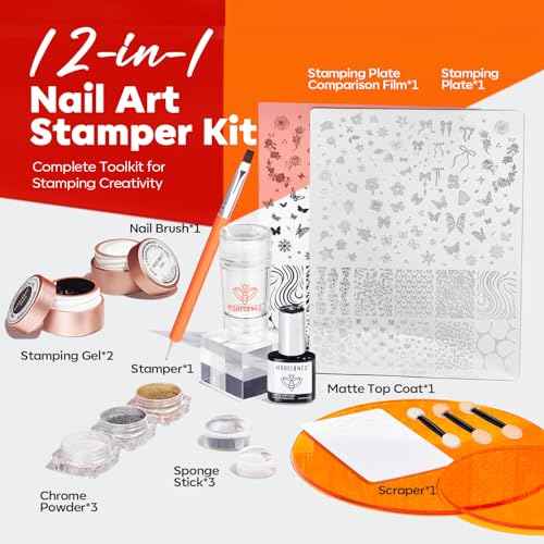 modelones 16 PCS Gel Nail Stamping Plate Set, French Tip Tool Gold Silver Pearl Chrome Powder Proof Matte Top Coat 2 Color Painting Gel Polish Nail Brush Winter Christmas Nail Art Manicure Gift Kit