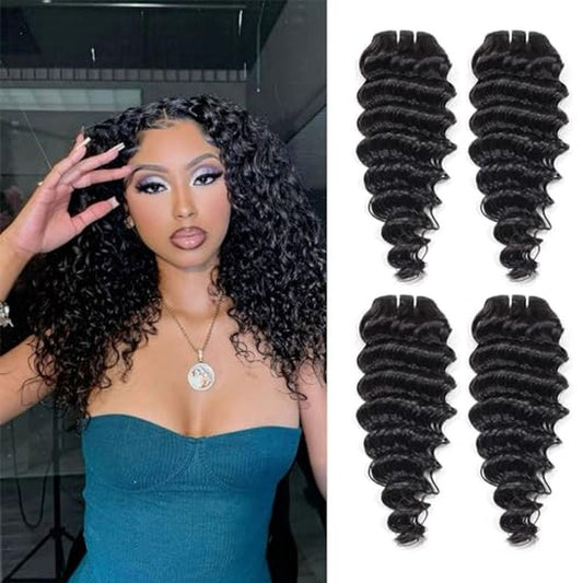Deep Wave Human Hair bundles 14 Inch 12A Grade Brazilian Human Hair 100% Virgin Weave Bundles Human Hair for Black Women (14'' 14'' 14'' 14'')