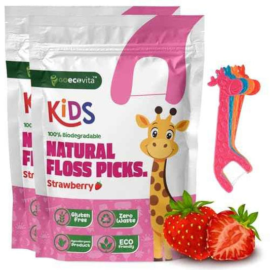 Biodegradable Kids Flossers - Dental Floss Picks for Children | Fluoride & Plastic-Free | Colorful & Fun Animal Floss Sticks | Eco Friendly, Vegan, Natural (Strawberry - 100 Pack)