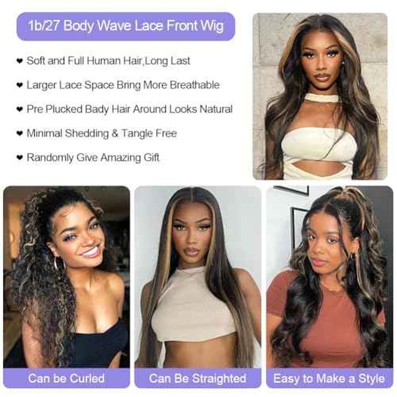 13x6 1b/27 Highlight Ombre Balayage Lace Front Wigs Human Hair Black and Blonde Body Wave Lace Frontal Wig Pre Plucked with Baby Hair for Black Women HD Transparent 180% Density Wig 24 Inch