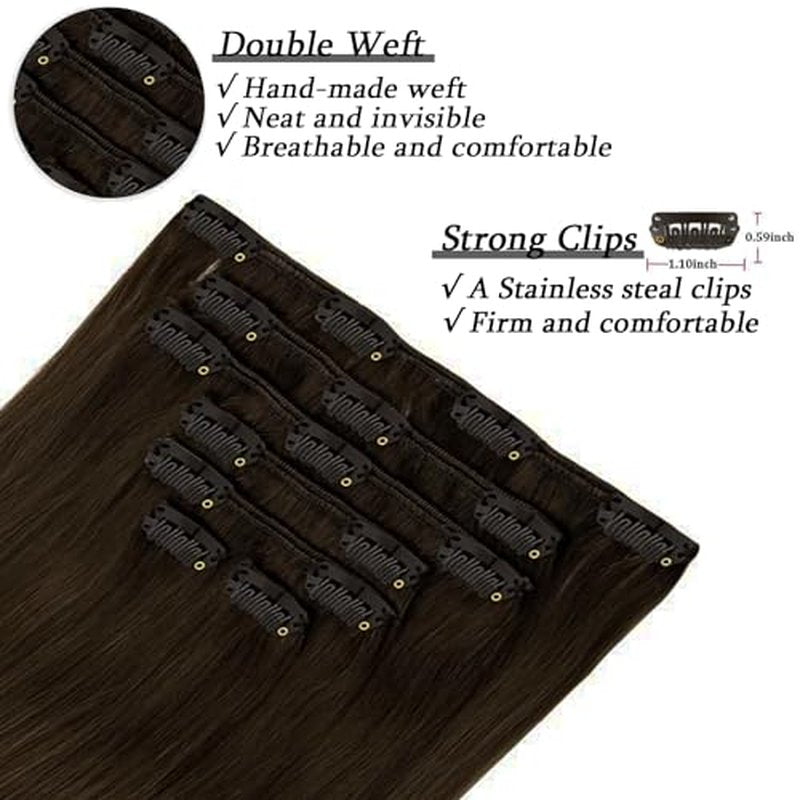 Savasana Clip in Hair Extensions Real Human Hair Straight 7 Pcs Hair Extensions Double Weft Thick Dark Brown 16 Inch 120g