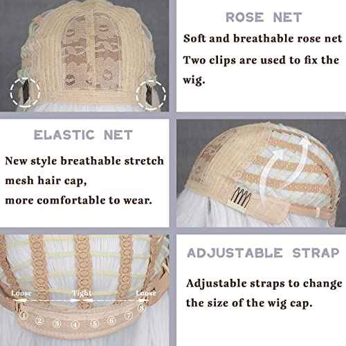 MERISIHAIR Short Bob White Wig with Bangs Silver White Short Wigs for Women Straight Bob White Cospaly Hair Wig for Daily Party Halloween