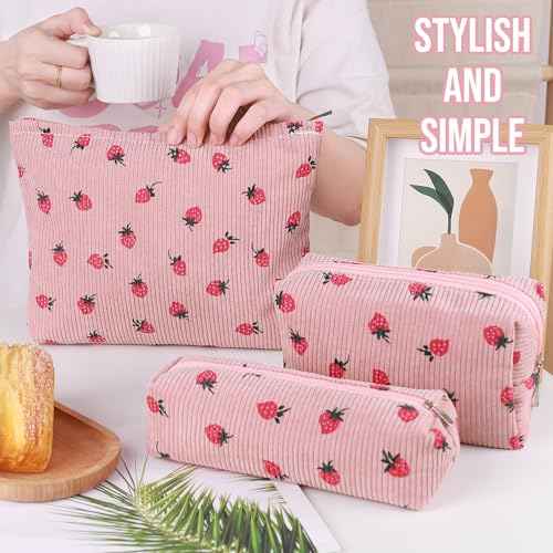 3 Pcs Makeup Bag Cosmetic Bag Set for Girls Women Travel Organizer Bathroom Toiletry Pouch Large Capacity Storage Bag (Strawberry Pink)