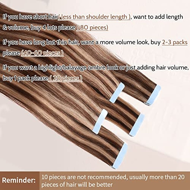 Tape in Hair Extensions Human Hair 4/27 Highlight Brown Straight Tape in Human Hair Extensions Adhesive Glue on Premium Quality Silky Invisible Seamless Skin Weft 16 inches 20pcs 50g/pack