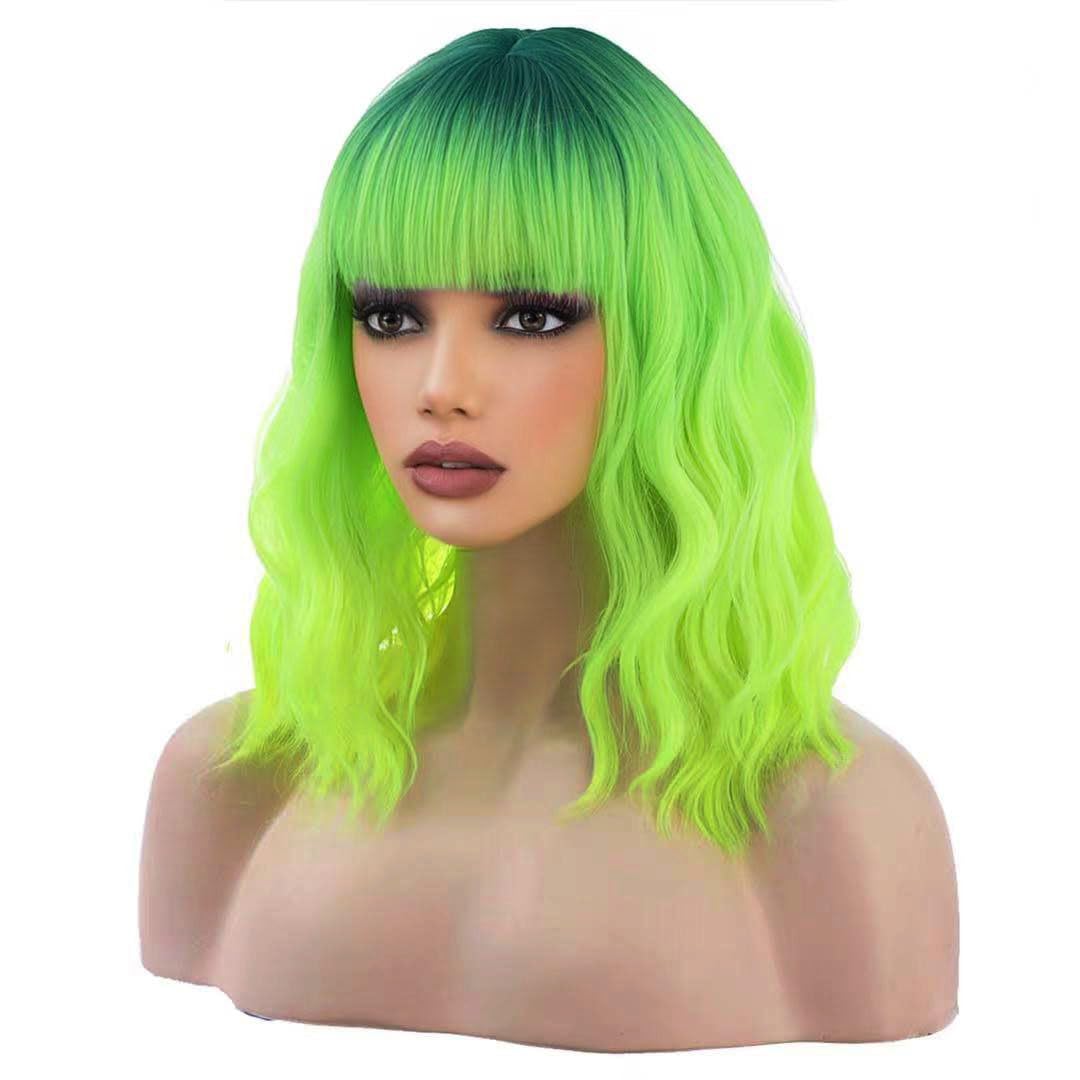 incohair Ombre Green Wigs for Women 14 Inches Short Wavy Neon Green Wig With Bangs Fluorescent Green Short Wigs for Cosplay Party Daily Wigs Wig Cap Included