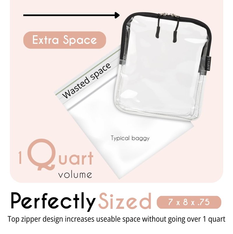 BORSALI TSA Approved Toiletry Bag - Clear Quart Size for 3-1-1 LIquids for Carry On Travel - Toiletries Organizer - Cosmetic Pouch with Zipper - Travel Accessories - 4 Pack