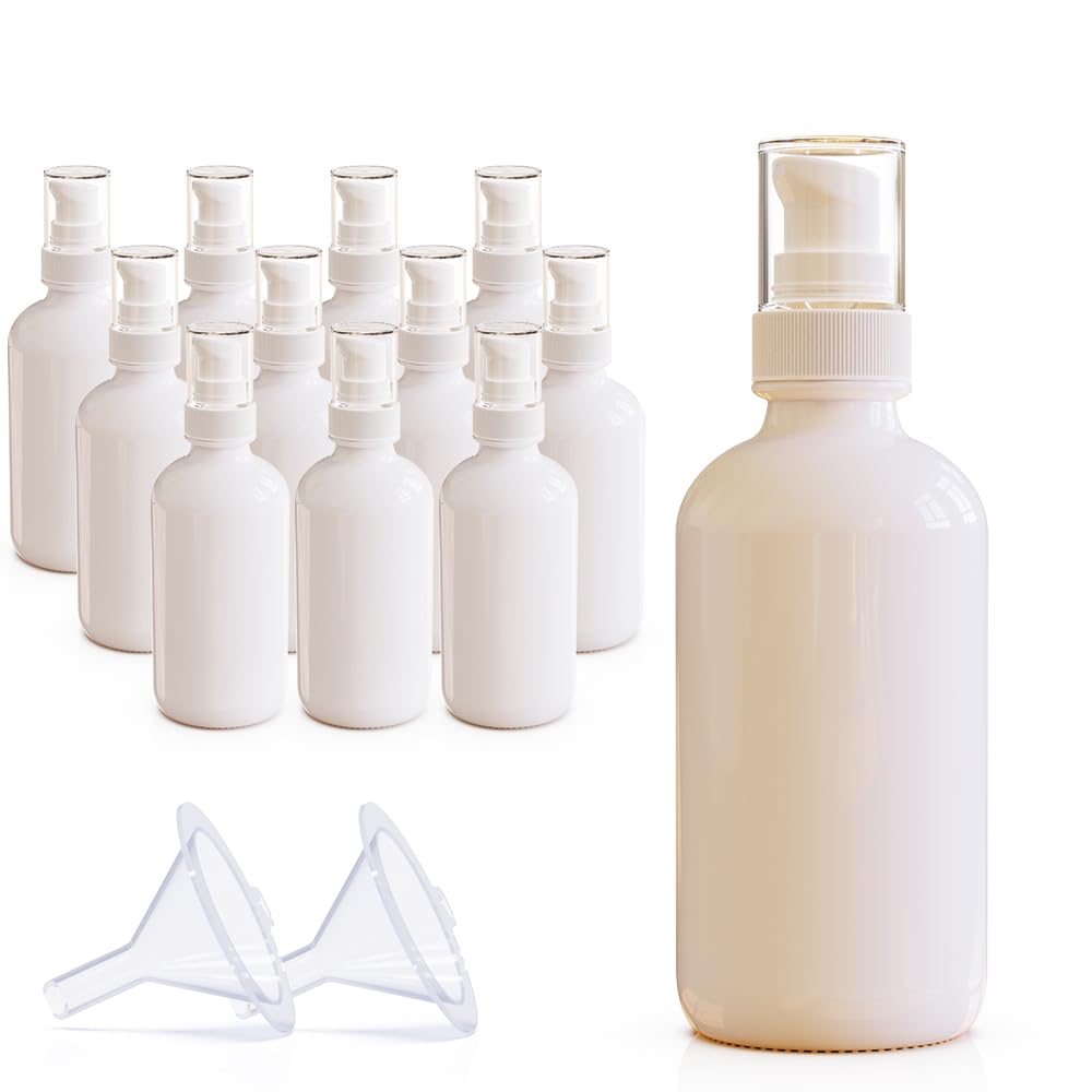 4oz White Glass Pump Bottles - 12-Pack Refillable Dispenser for Lotions, Serums & Essential Oils | Travel Size