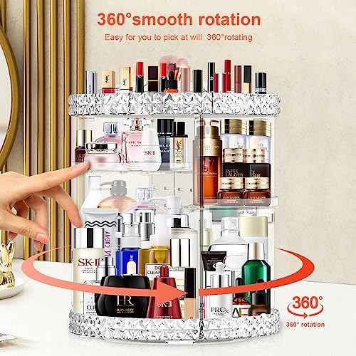 360 Rotating Makeup Organizer for Vanity + Makeup Brush Holder,Perfume Organizer with 6 DIY Adjustable Layer,Large Capacity Skincare Organizers,Lazy Susan Make up Organizer for Bedroom Dresser,Clear