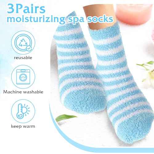 3Pairs Aloe Socks Moisturizing Spa Socks for Dry Cracked Feet Infused Socks Gel Sleeping Fuzzy Socks Lotion Socks Gift for Women Softening Dry Feet, Pink&blue&green