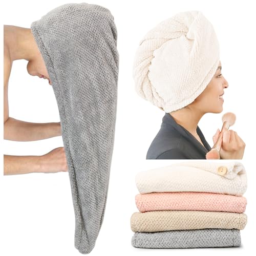 Extra Large 4 Pack Microfiber Hair Towel Wrap for Women Super Absorbent & Quick Dry Hair Drying Towels with Button, Hair Turbans for Curly Hair Long & Short Hair - Anti-Frizz