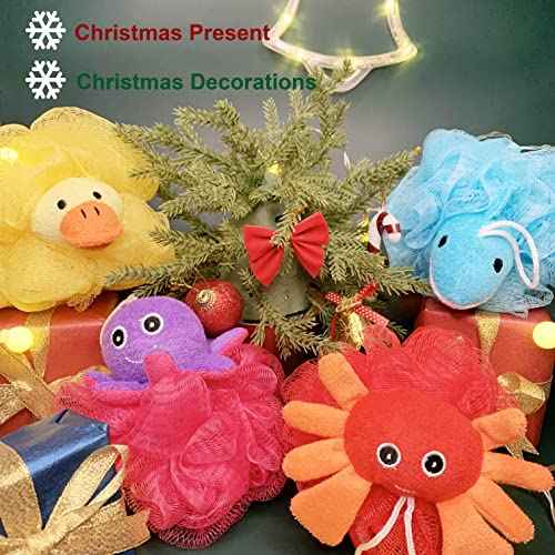 Loofah Exfoliating Shower Stuffed Sponge Pouf Mesh Brush with Animal Design - Bath Spa Puff Scrubber Ball - Body Poof for Man and Woman - Rich Foams Bubble£¨4.7" Each£© Pack of 4