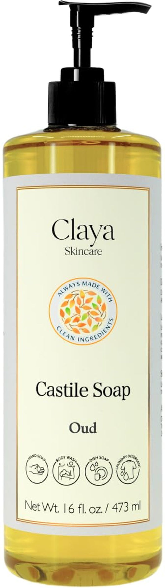 Claya Oud Liquid Castile Soap – Organic Ingredients, Biodegradable, Gentle for Sensitive Skin and Versatile Use (16 fl oz (Pump Cap))
