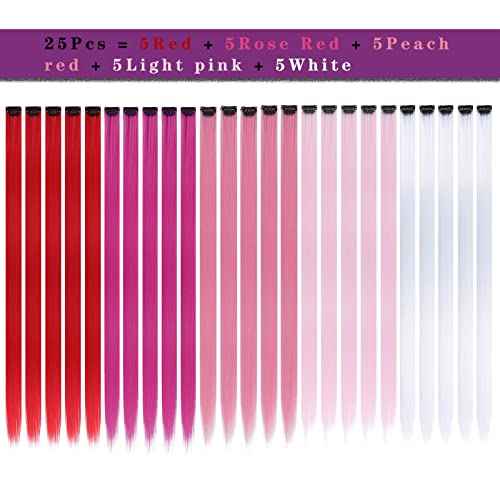 Colored Clip in Hair Extensions for Girls 25 pcs Straight Fashion Hairpieces for Party Highlights (5 warm colors,Red,Rose red,Peach red,Light Pink,White)