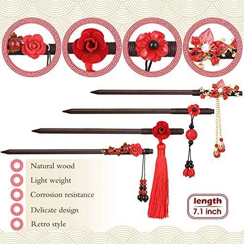 Waydress 4 Pcs Asian Hair Stick Accessories for Women Chinese Japanese Hair Chopsticks Clips Retro Geisha Red Wooden Cherry Hairpins Handmade Flower Tassel Geisha Costume for Girl(Classic Style)
