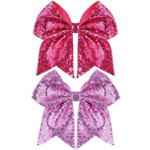 Large Big 7 Inch Glitter Bow Clip Sequin Bling Party Hair Accessories for Women Teens Girls Kids 2 Pcs (HotPink, LightPurple)