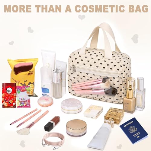 CAMTOP Makeup Bag Women Girls Corduroy Cosmetic Bags Travel Toiletry Purse Zipper Pouch (Black Heart)