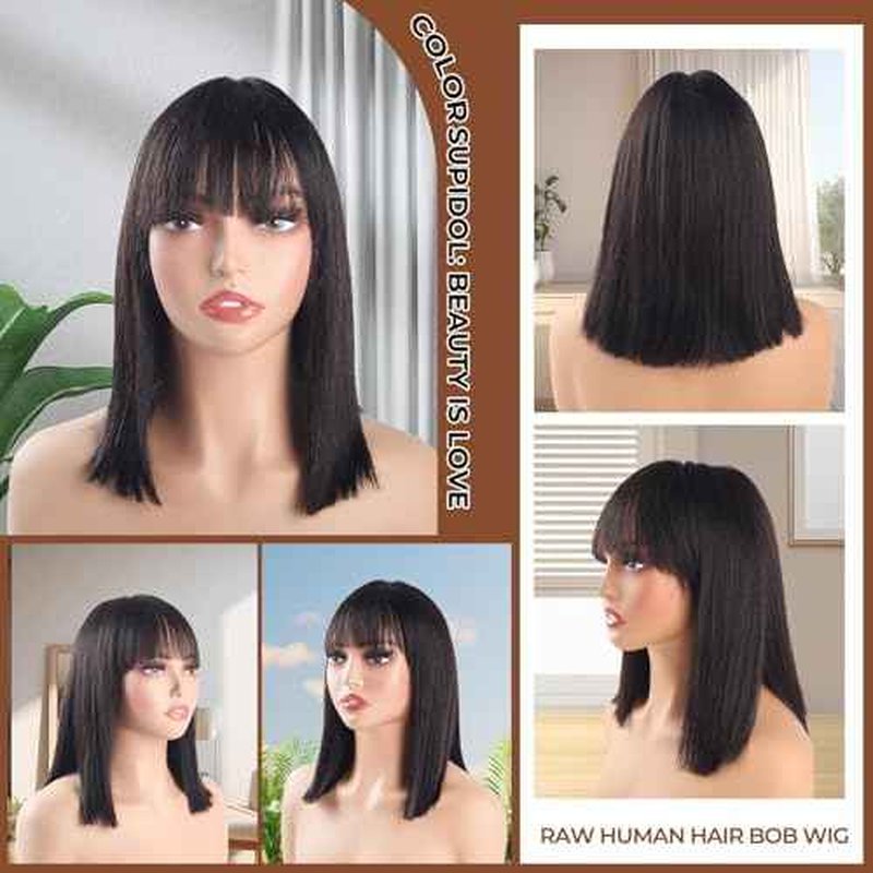 3x1 HD Lace Closure Bob Wig with Bangs Human Hair for Black Women, Realistic Scalp, 100% Raw Human Hair Bob Wig, 180% Density, Glueless Short Bob Wig Human Hair, Natural Black