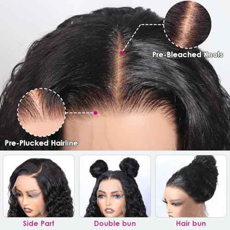 Pizazz Hidden Strap 360 Full Lace Frontal Wigs Human Hair Pre Plucked Pre Bleached 180 Density Glueless Water Wave Human Hair Wigs with Drawstring (Black, 22 Inch)
