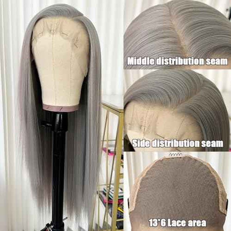 Long Gray Synthetic Lace Front Wigs Glueless Pre Plucked Heat Resistant Fiber Hair Straight Lace Front Wigs for Black Women 13 * 6 Frontal Lace Wigs
