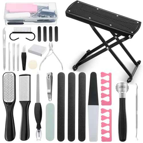Gisafai 27 Pcs Pedicure Kit Professional Pedicure Tools Pedicure Foot Rest Foot Scrubber Dead Skin Remover Non Slip Pedicure Stand Foot Care Kit for Home Salon Care Men Women Foot Callus Remover