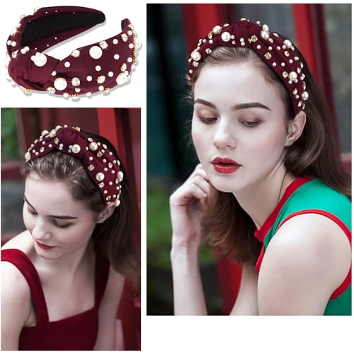 Pearl Knotted Rhinestone Wide Top Knot Beaded Jeweled Headbands for Women's Hair - Crystal Embellished for Christmas Holiday Gifts
