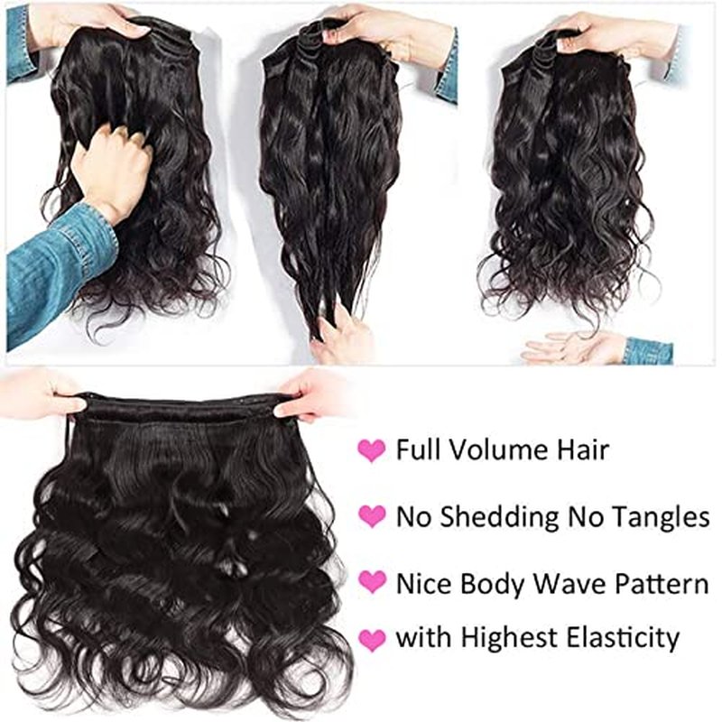 Body Wave Brazilian Virgin Bundles - Ocean Wave Natural Black 100% Unprocessed 3 Bundles (10 12 14 Inch) Weave Hair Extensions