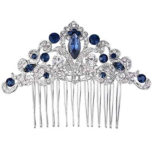 EVER FAITH Austrian Crystal Art Deco Flower Vine Wedding Prom Hair Comb fro Women Bride Bridesmaids Navy Blue Silver-Tone