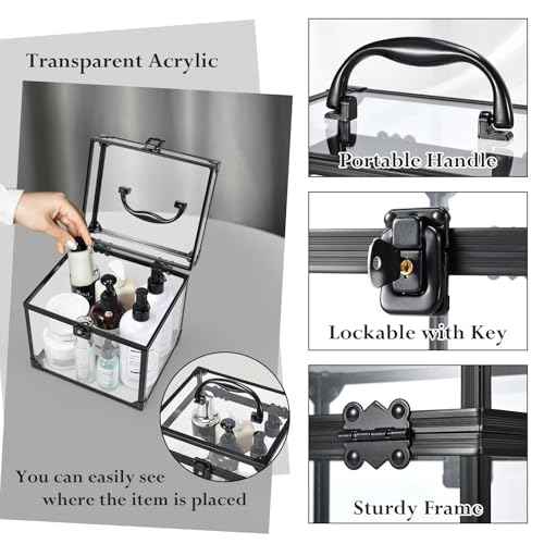 FRENESSA Portable Makeup Case Clear Crown Box Cosmetics Display Case Toiletry Organizer Box Transparent Acrylic Artists Train Case Travel Makeup Tools Storage for Vanity Bathroom Counter Dresser Case