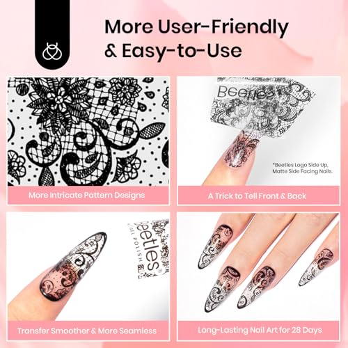 Beetles Nail Foil Glue Gel 2Pcs 15ml with 20 Pcs Lace Flower Butterfly Stickers Transfer White Black Lace Nail Foil Set, LED Lamp Soak Off DIY Manicure Gifts for Women