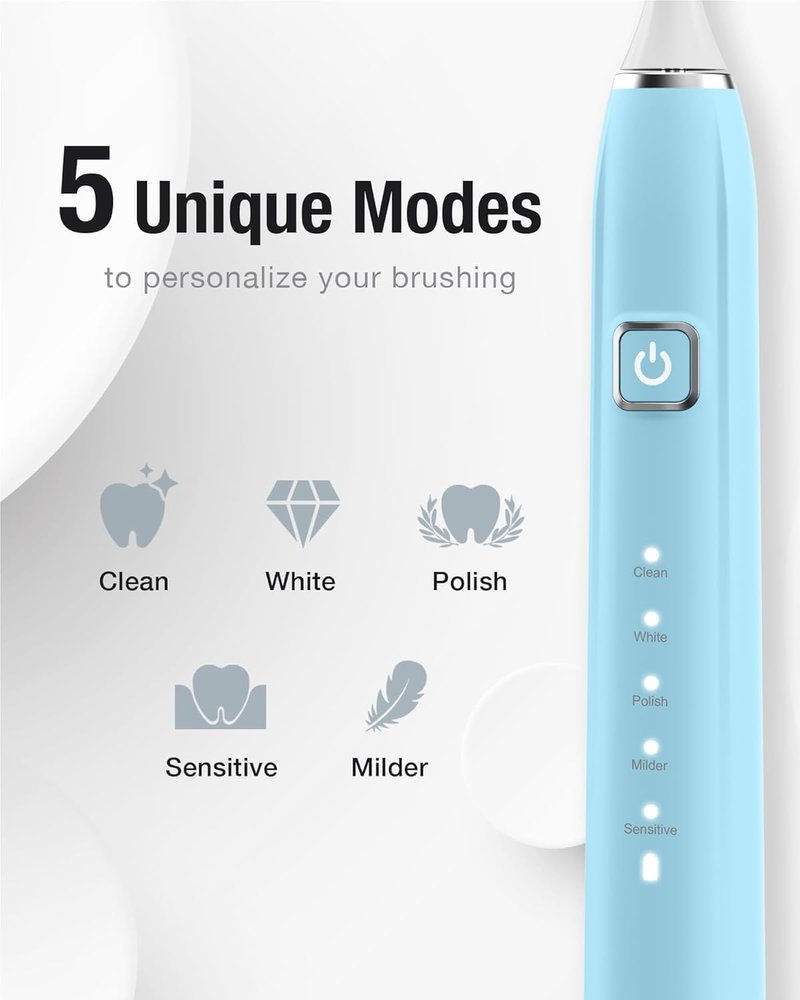 7AM2M Ultrasonic Electric Toothbrush with 6 Brush Heads for Adults&Kids, One Charge for 120 Days, USB-C Charge, 5 Modes, 40000VPM Powered Toothbrush, 2 Minutes Built in Smart Timer (Light Blue)