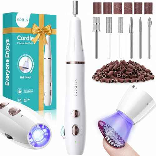 COSLUS Cordless Nail Drill Electric: 2-in-1 Nail File with Flash Cure for Acrylic Gel Dip Powder Nails, Stepless Control for Beginner Home DIY, Portable for Travel, Professional Pedicure Manicure Kit
