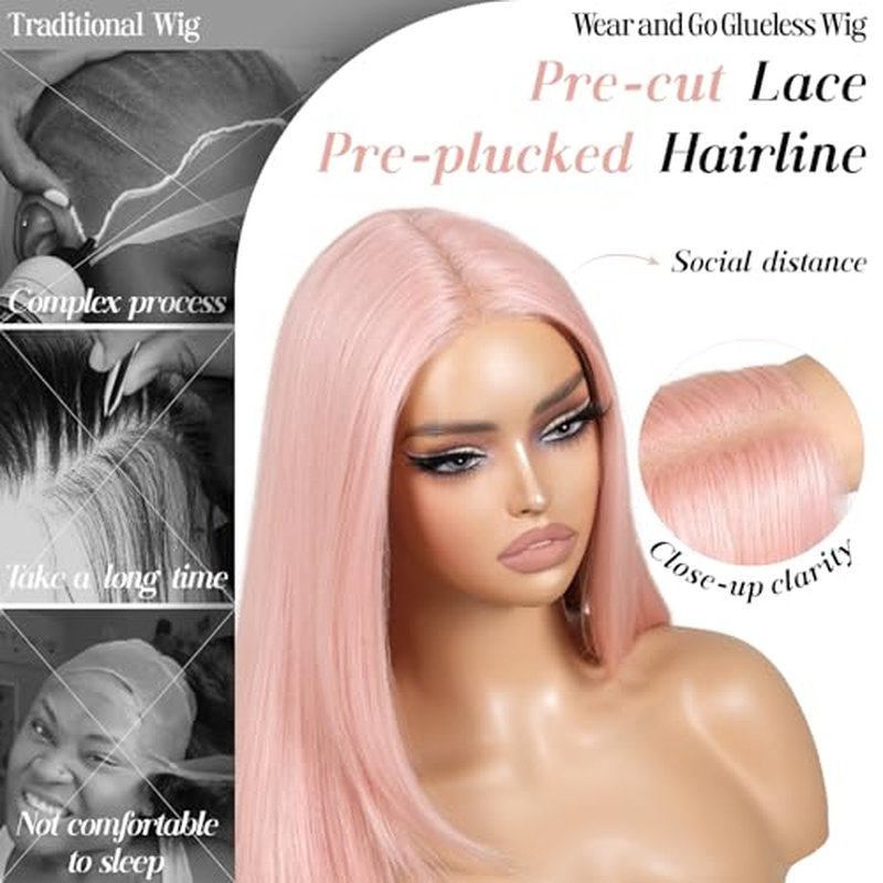 Light Pink Wear and Go Glueless Wig with Bangs Pink Wigs for Women Layered Synthetic Lace Front Wig Pre Plucked Pre Cut Ready to Wear 13x5x1 HD Lace Middle Part 26 Inch