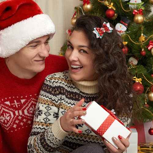 Riceshoot 18 Pcs Christmas Bow Clips Glitter Sequined Gold Silver Hair Pins Santa Snowflake Holiday Hair Accessories Xmas Tree Reindeer Bow Barrettes for Women Birthday Gifts