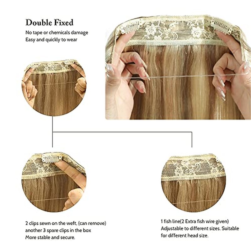 Star Show Wire Hair Extension Human Hair For Women Ash Blonde 16# with Bleach Blonde 613# Natural Straight Hair One Piece for Full Head (16 inch, Highlight Color #16/613)