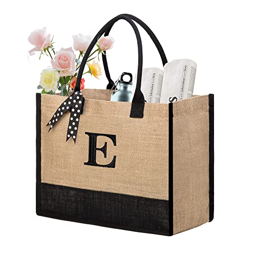 BeeGreen Initial Canvas/Jute Tote Bag Personalized Bag for Wedding, Birthday, Beach, Gift for Women, Mom, Teacher,Friend