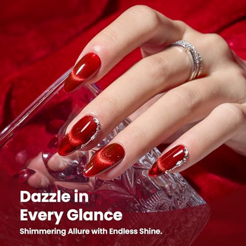 Beetles Red Cat Eye Gel Nail Polish Set - Sultry Burgundy Cat Eye Gel Polish, 6 Colors Burgundy Dark Red Glitter Red Magnetic Fall Gel Polish Kit Soak Off UV Nail Art Salon DIY Manicure Gift for Women