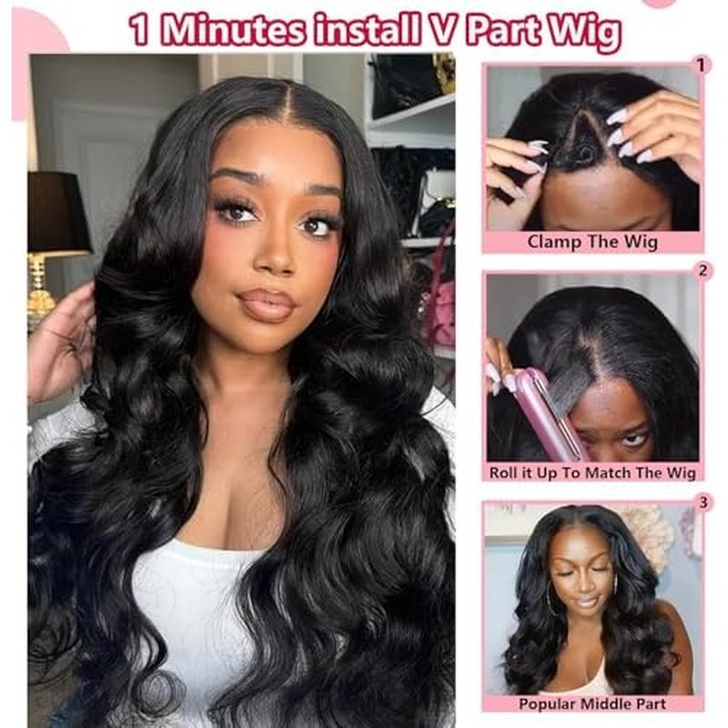 V Part Wig Human Hair Body Wave Upgrade U Part Human Hair Wig Beginner Friendly Clip In V Shape Wigs for Women Natural Black Color 16 Inch